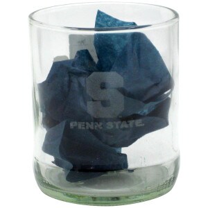 glass from refreshed clear wine bottle with etched Penn State under large block S